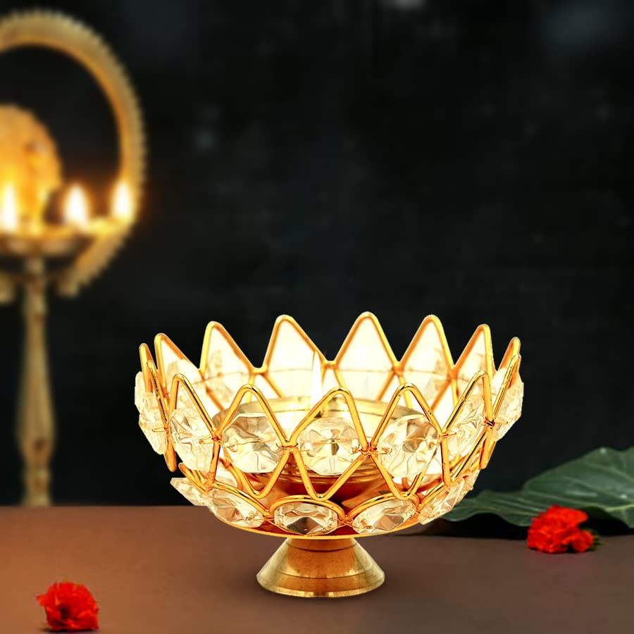 Brass Crystal Bowl Round Shape Akhand Kamal Diya